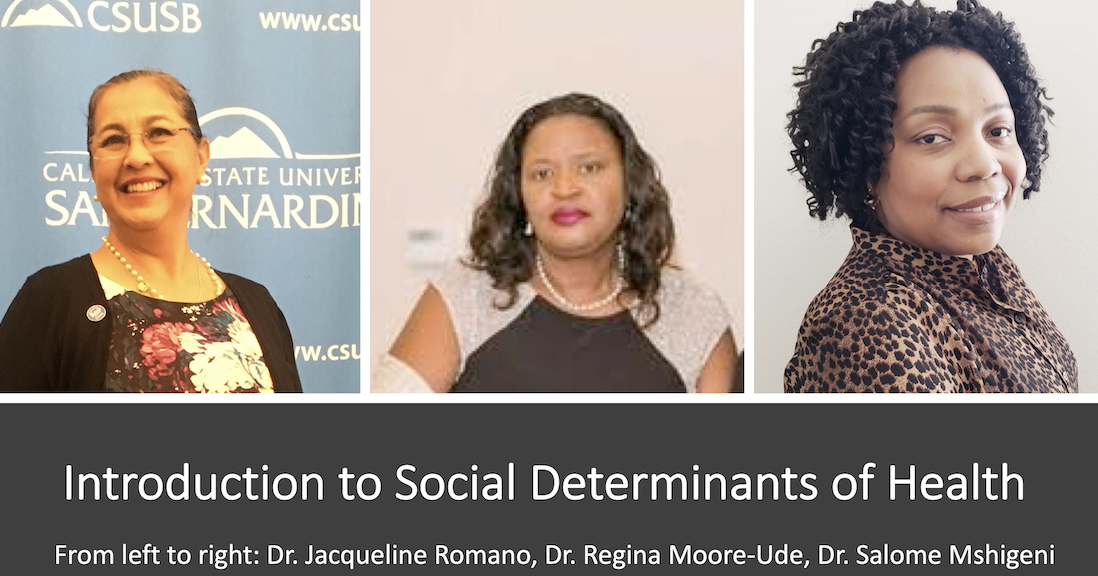 Introduction to Social Determinants of Health. From left to right: Dr. Jacqueline Romano, Dr. Regina Moore-Ude, Dr. Salome Mshigeni