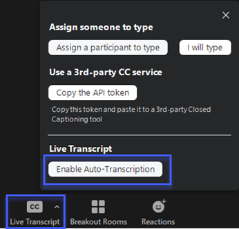 The live transcript button activated, with the auto-transcription option emphasized