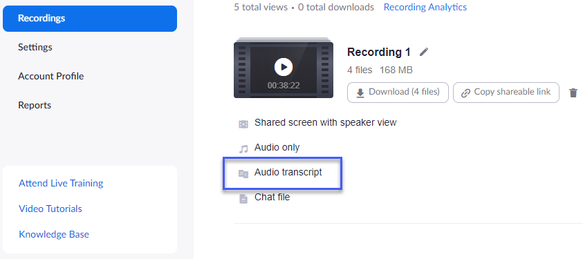 The Zoom Recordings main screen with the different available options for a recording, including the audio transcript. 