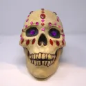 Beige and brown painted skull with red, pink and purple gemstones.