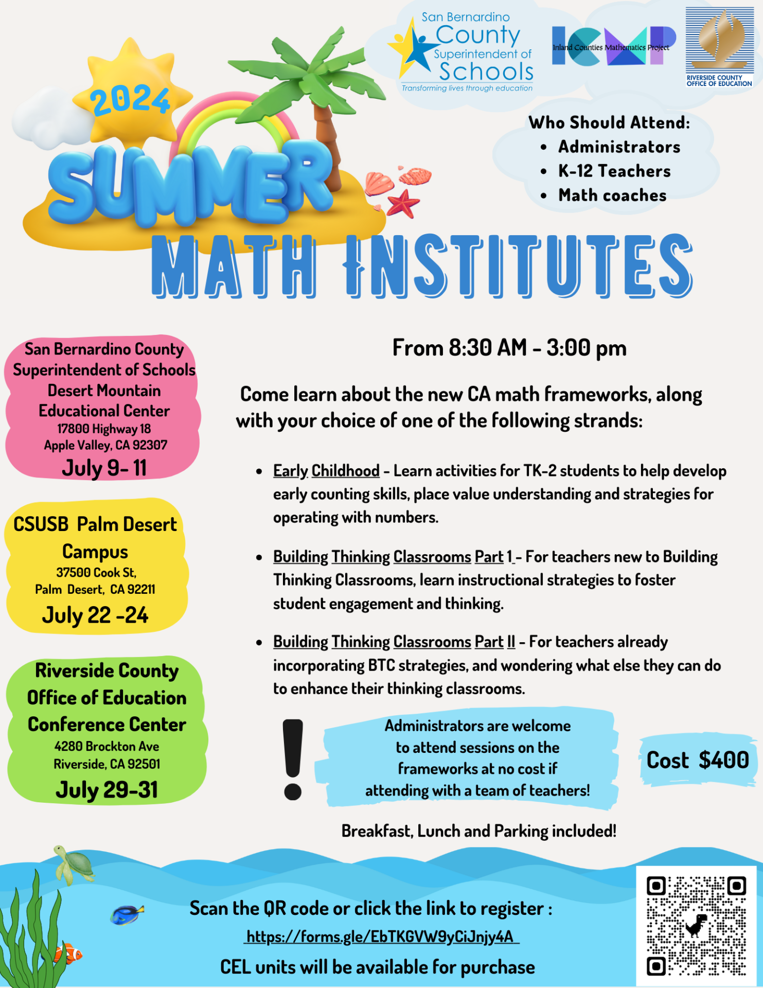 A description of the information for our summer institute.  Each day from 8:30 am to 3:00 pm. Event Description: This institute will explore teaching practices that support the development of student thinking in the math classroom Payment: $400 to cover parking, materials, refreshments, and lunch. Credit: 2 Math Units of College of Extended Global Education Credits are available for an additional cost. Registration Link: https://forms.gle/EbTKGVW9yCiJnjy4A