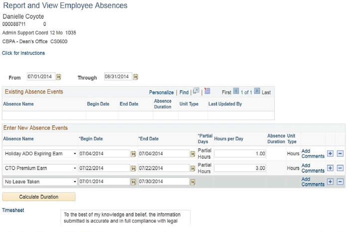 Report and View Employee Absences - sample record showing "No Leave Taken"