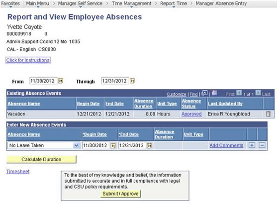 Report and Veiw Employee Absences sample record
