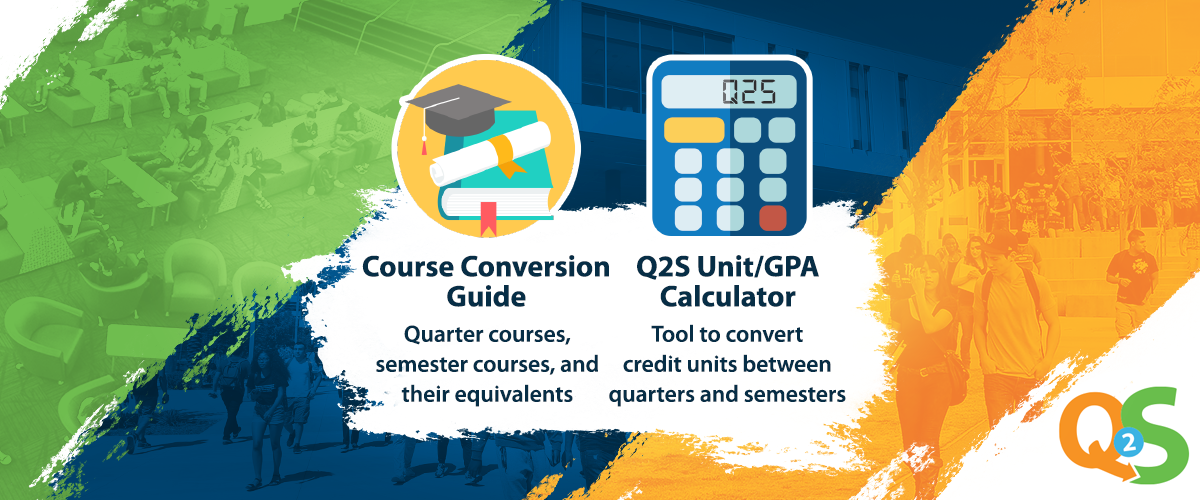 green, blue, orange background, Q2S logo bottom right. picture of mortarboard, diploma, texbook for course conversion guide and a calculator for GPA calculator