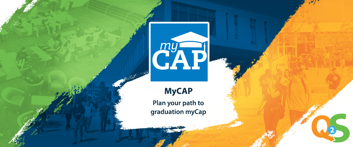 green, blue & orange background with myCAP logo and text saying play your path to graduation myCap