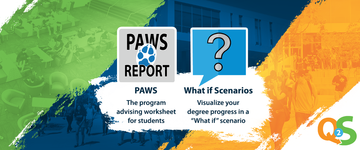 green, blue, orange stripped background with coyote paw icon for PAWS report and a question mark for what-if scenarios.