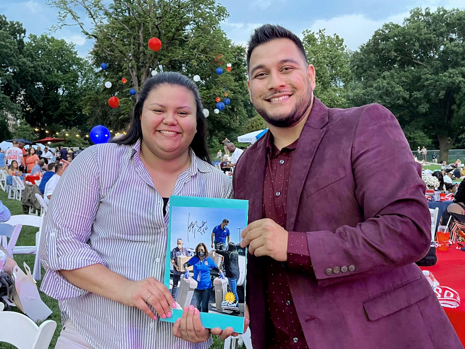 Joanina Gazcon and Natanael Chavez, COVID-19 outreach lead of El Sol, visit The White House on July 4, 2021, in celebration of having more than 50 percent of the U.S. vaccinated.