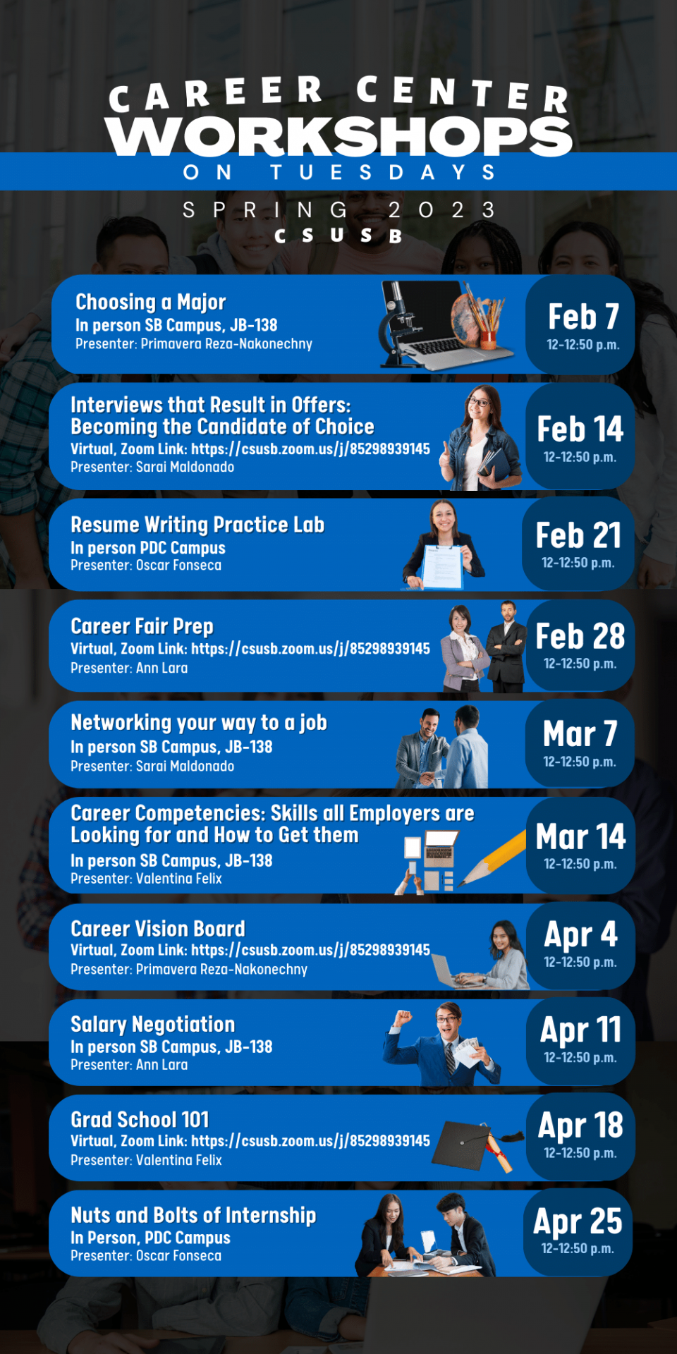 Career Center workshops spring 2023 virtual in person csusb