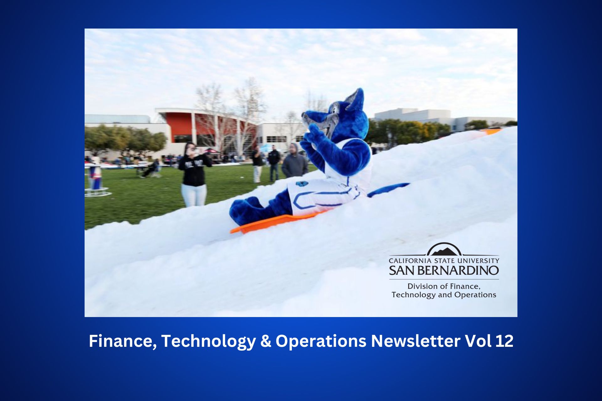 CSUSB Mascot Cody the Coyote sledding at Snow Days with Black FTO Division Logo