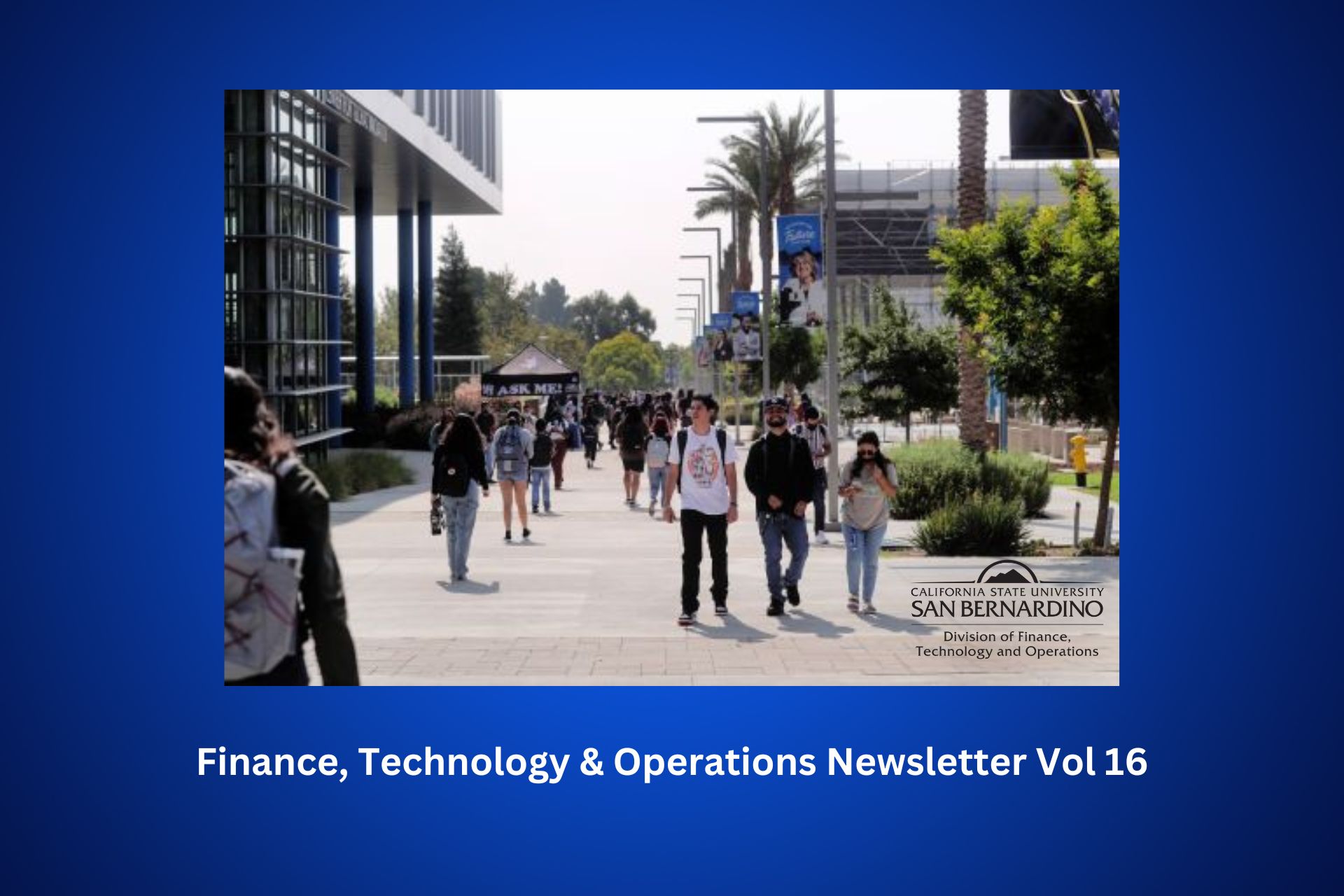 Students walking down Coyote Walk, CGI and SMSU North in Background