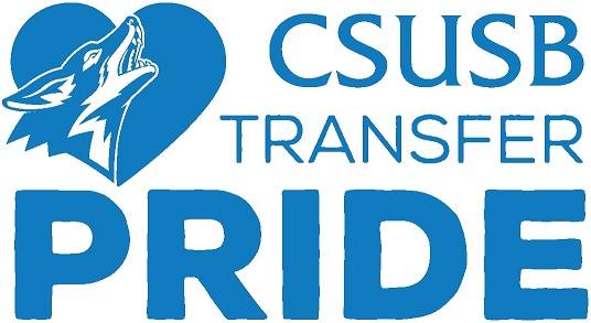 Blue and White "CSUSB Transfer Pride" logo featuring howling coyote 