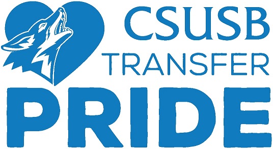 Blue and White "CSUSB Transfer Pride" logo featuring howling coyote