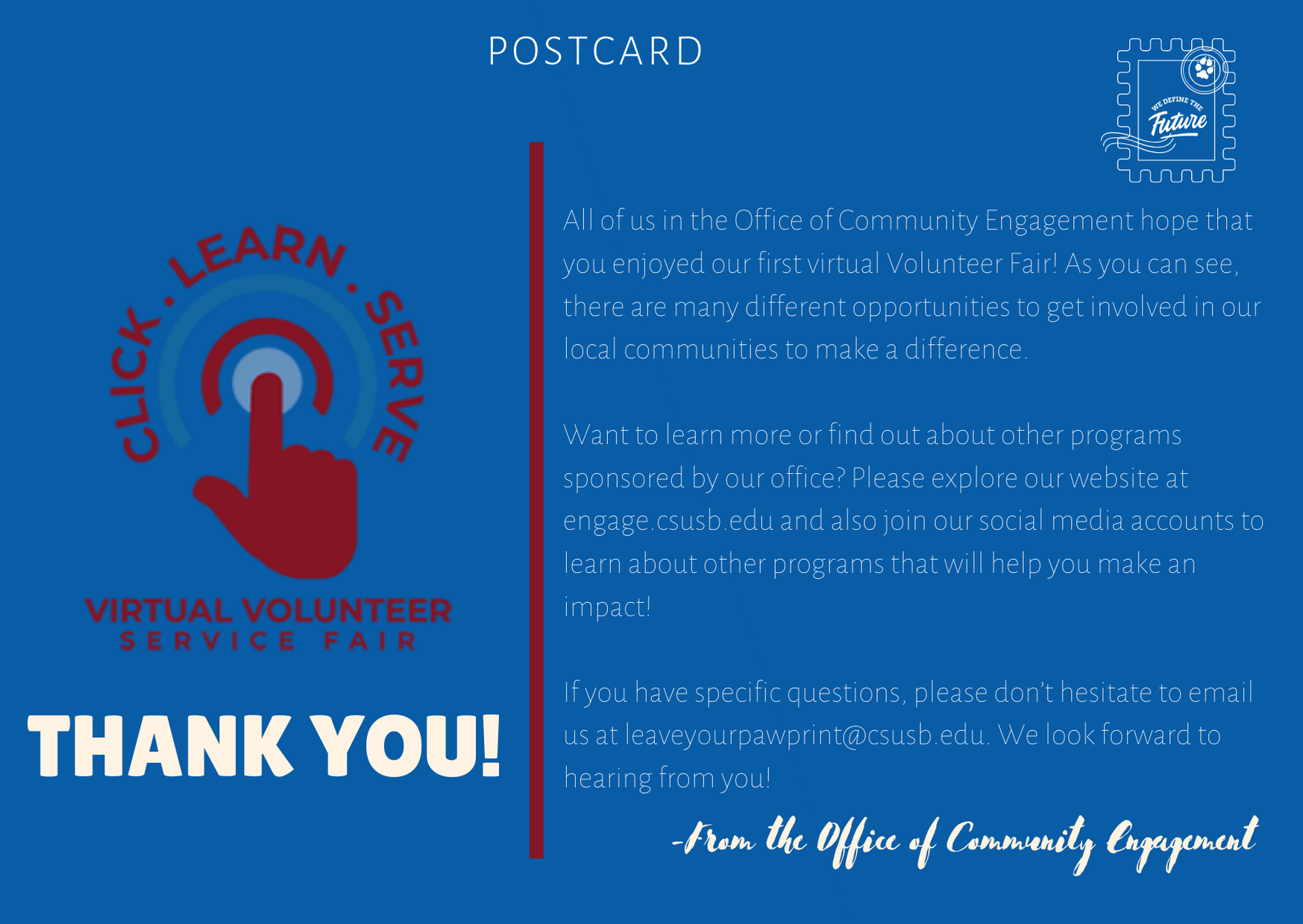 Thank you message to our nonprofit organizations and Yotes who participated in our first Virtual Volunteer Service Fair.