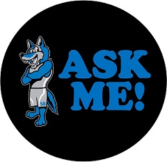 Black circle with Cody the Coyote and the Ask Me! logo
