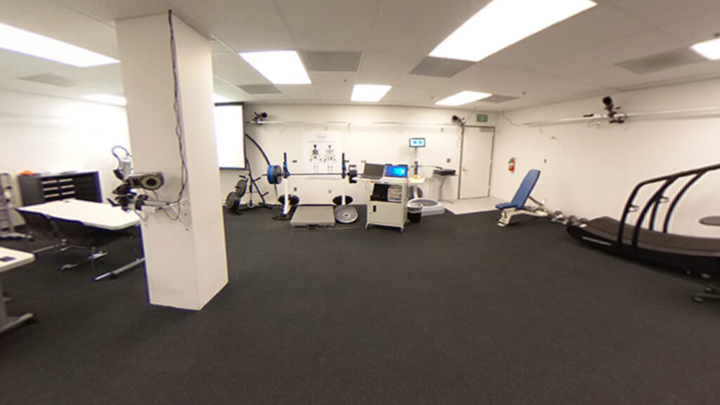 Biomechanics Lab Treadmill, bench press against far wall