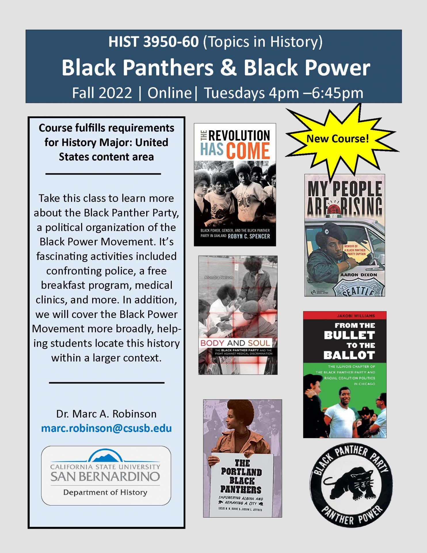 HIST 3950 - Black Panthers and Black Power course, Fall 2022,  Tues, 4 p.m. - 6:45 p.m.