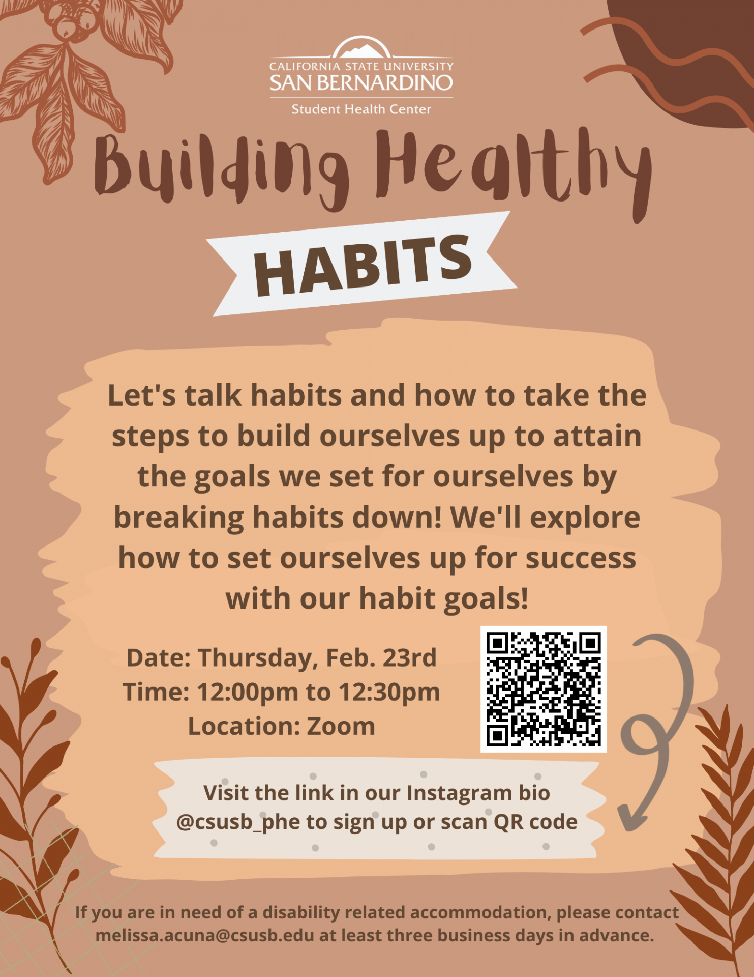 Brown flyer for building healthy habits workshop.