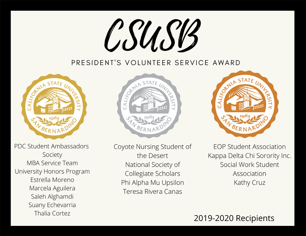 CSUSB President's Volunteer Service Award 2019-2020