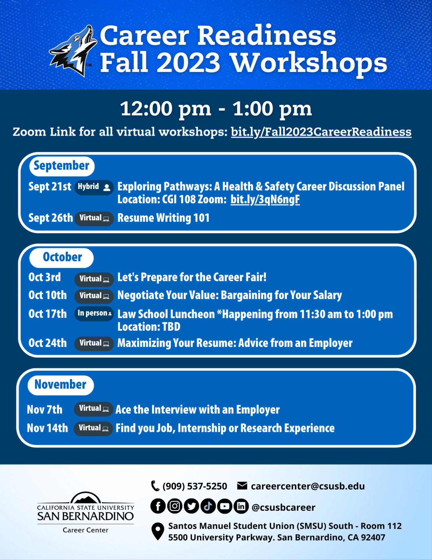 Career Center workshops fall 2023 virtual in person csusb