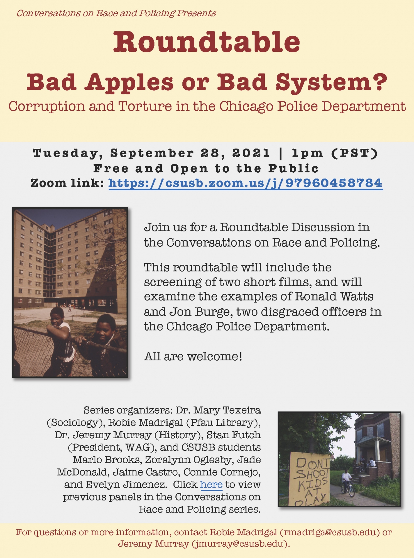 Flier: Next Conversations on Race and Policing will focus on ‘Bad Apples or Bad System? Corruption and Torture in the Chicago Police Department’