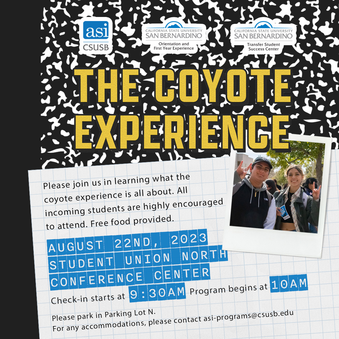 composition notebook background that read the Coyote Experience event details