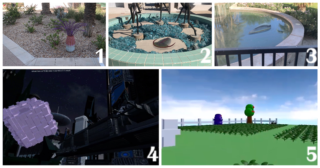 1, 2 and 3: Johnie Harrell, __Vestiges of the Past__.Augmented Reality Project. DES 4610 Fall 2021 4: Eman Bautista, __Cyber City__. VR Project. DES 4610 Fall 2021. 5: Vanessa Gaspard, __Farm Life__. VR Project. DES 4610 Fall 2021