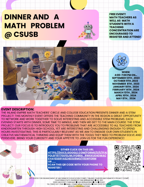 A picture of the flyer for the 2023-2024 Dinner and a Math Problem Flyer. The information in the flyer is in a table below the picture.
