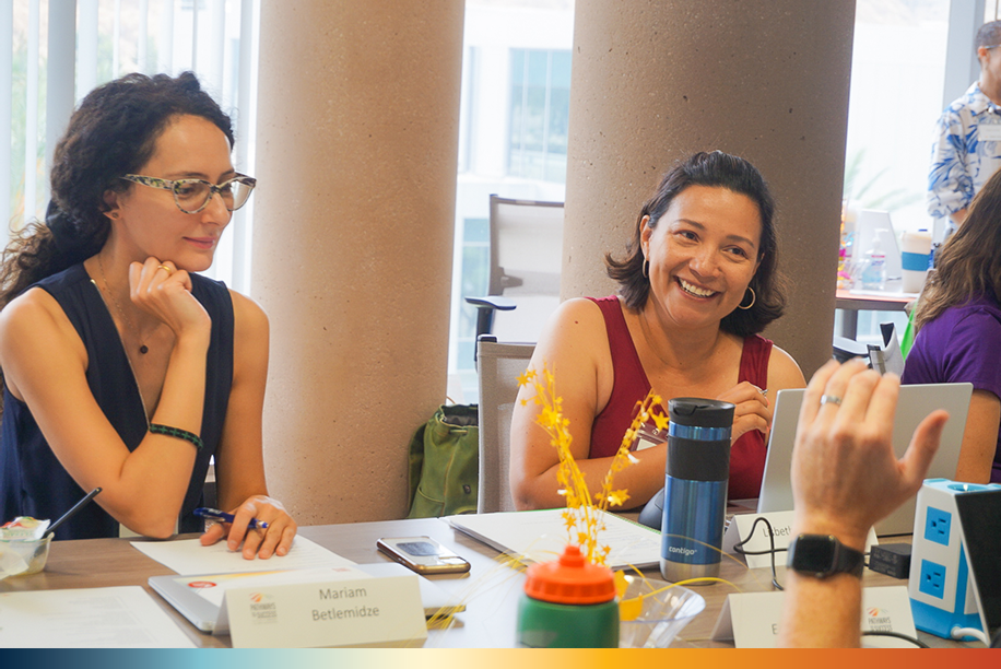 The Image shows two woman at the Asset based teaching workshop. They are talking and laughing