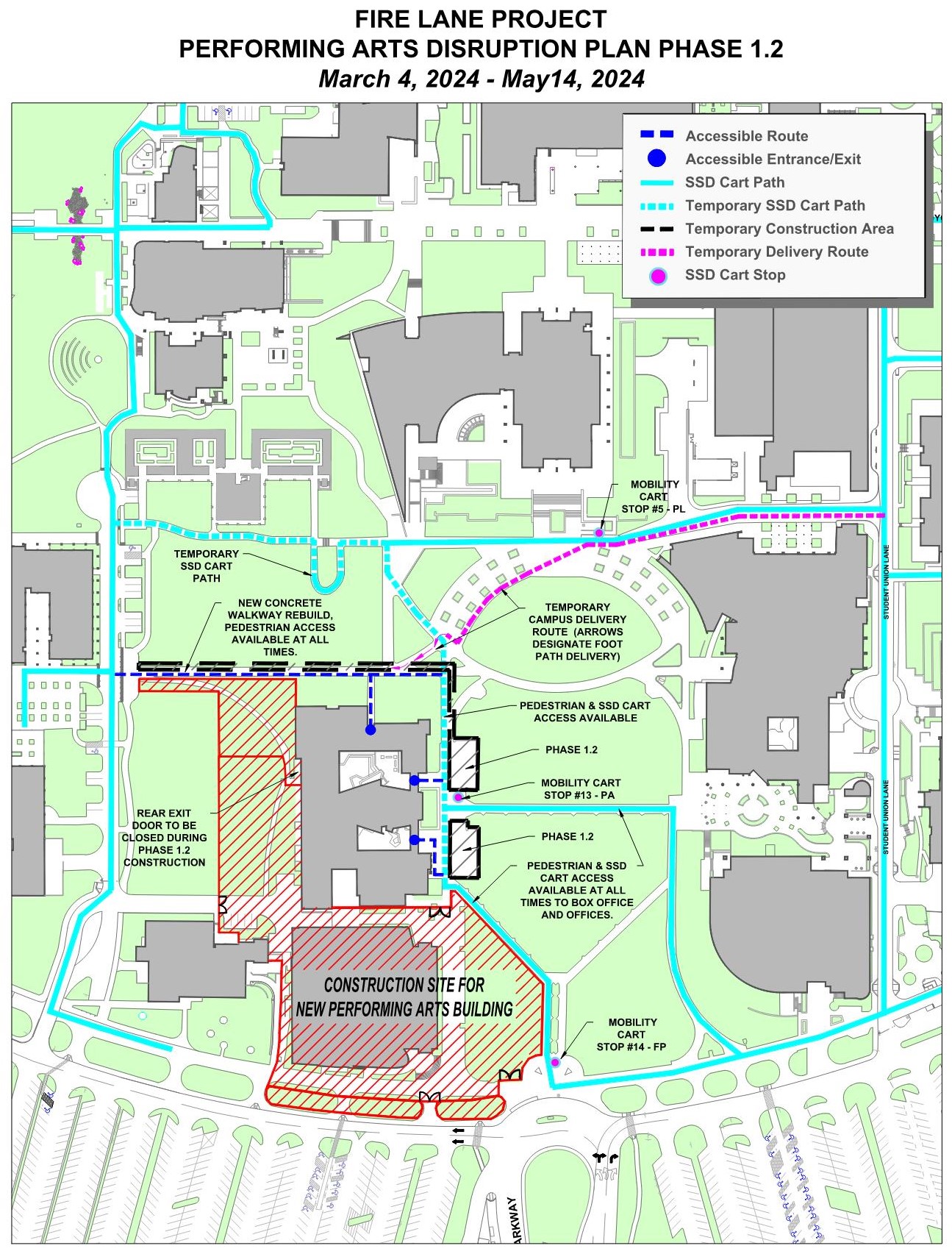 CSUSB map depicting construction disruptions related to the Performing Arts Building Annex project. 