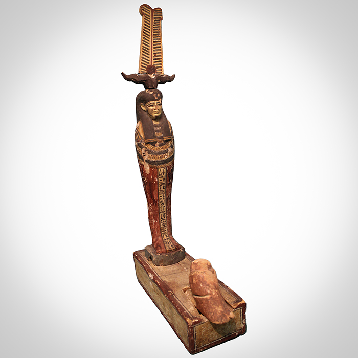 Ptah-Sokar-Osiris; (a) Ptah-Osiris figure (b) headdress (c) boS base (d) Sokar bird, 304-30 BC