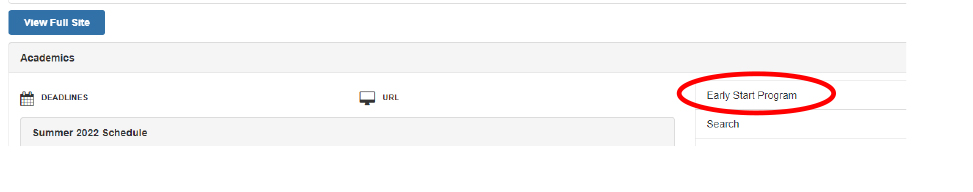 Screenshot of Early Start Link on Student Center