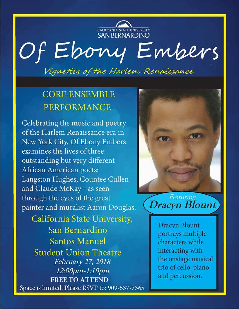  “Of Ebony Embers: Vignettes of the Harlem Renaissance,” will be performed by the Core Ensemble at the SMSU Theater on Tuesday, Feb. 27, at noon.