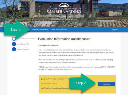 Evacuation Information Questionnaire, Housing Portal Screenshot