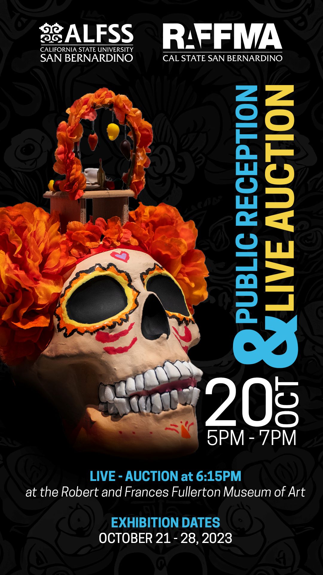 Flyer with a black background, hand painted and decorated skull with event details