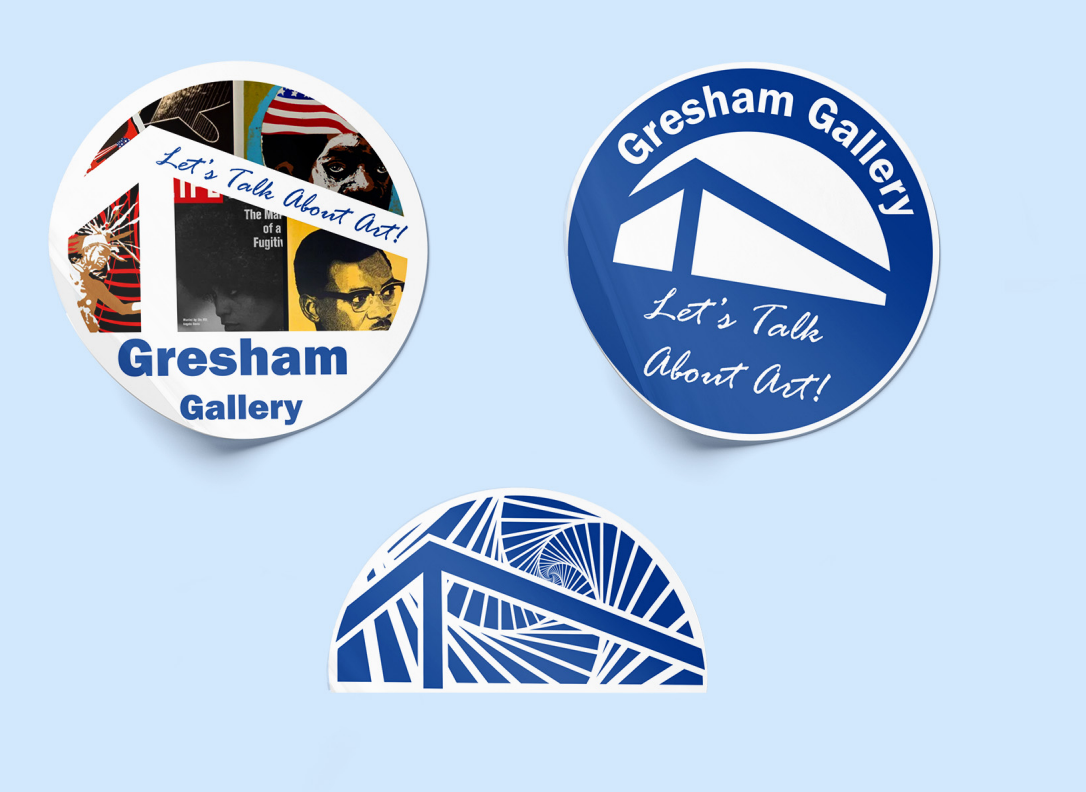 The image shows three stickers with designs for Gresham