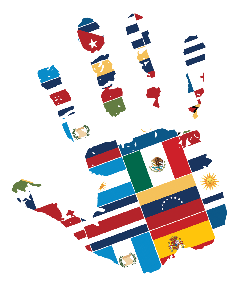 Hand print made up of different Latin American country flags