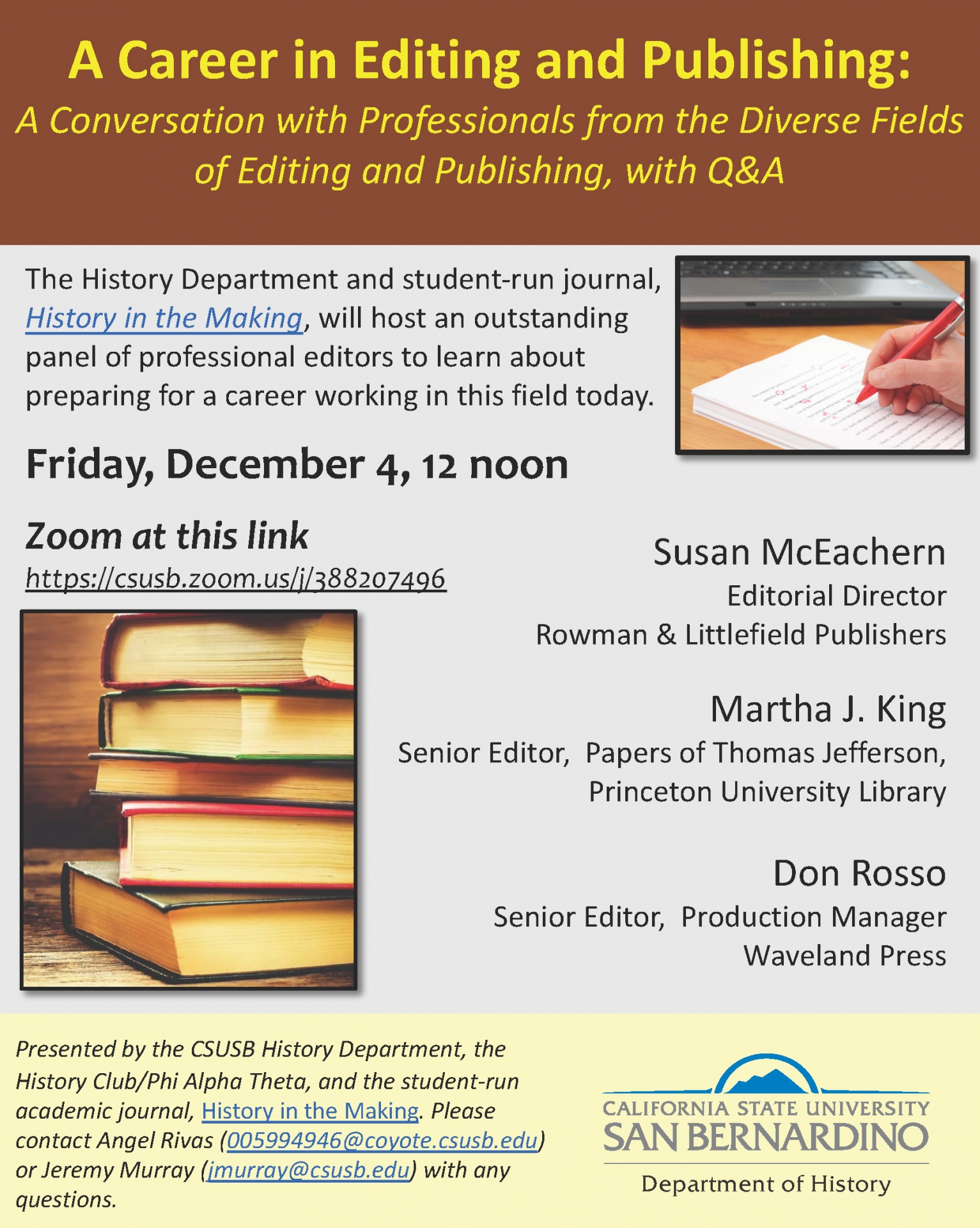 “A Career in Editing and Publishing: A Conversation with Professionals from the Diverse Fields of Editing and Publishing” flier