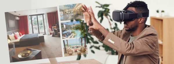 Photo of student looking at hotel photos through VR