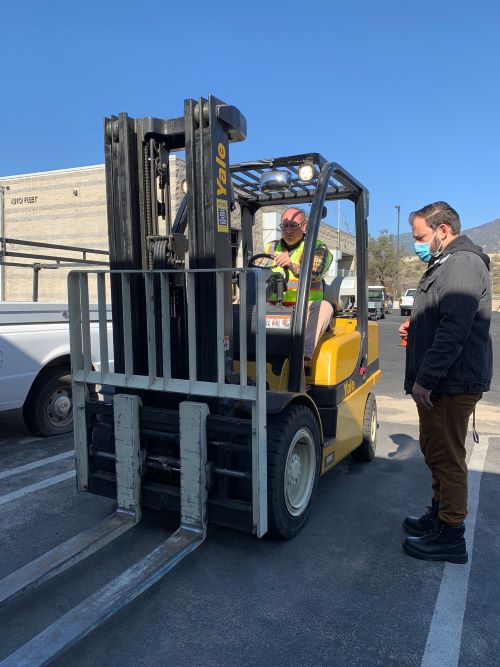 CSUSB employee operates forklift as part of the EHS forklift training
