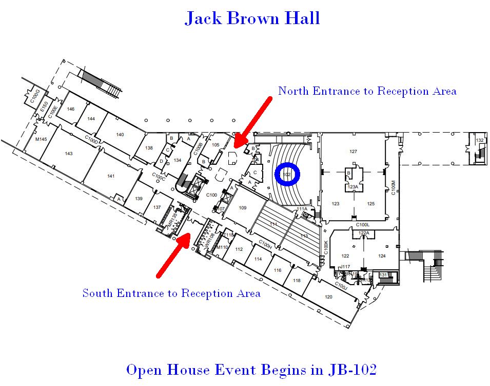 Map of Jack Brown Hall - use north & south entrances to the reception area.