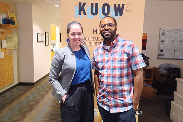 KUOW's Libby Denkmann (left) and Marc Robinson, CSUSB assistant professor of history