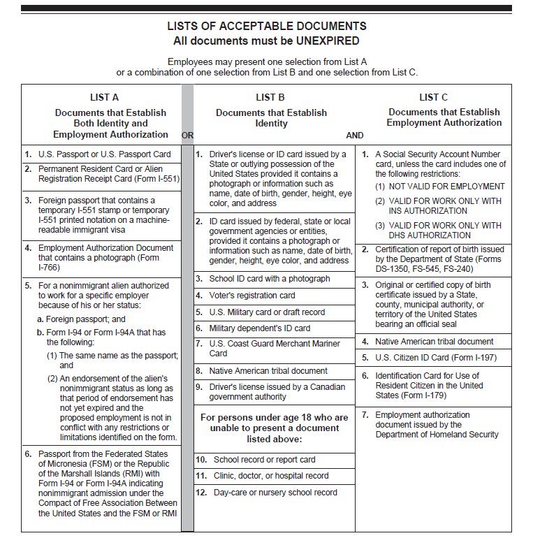 List of Acceptable I-9 documentation