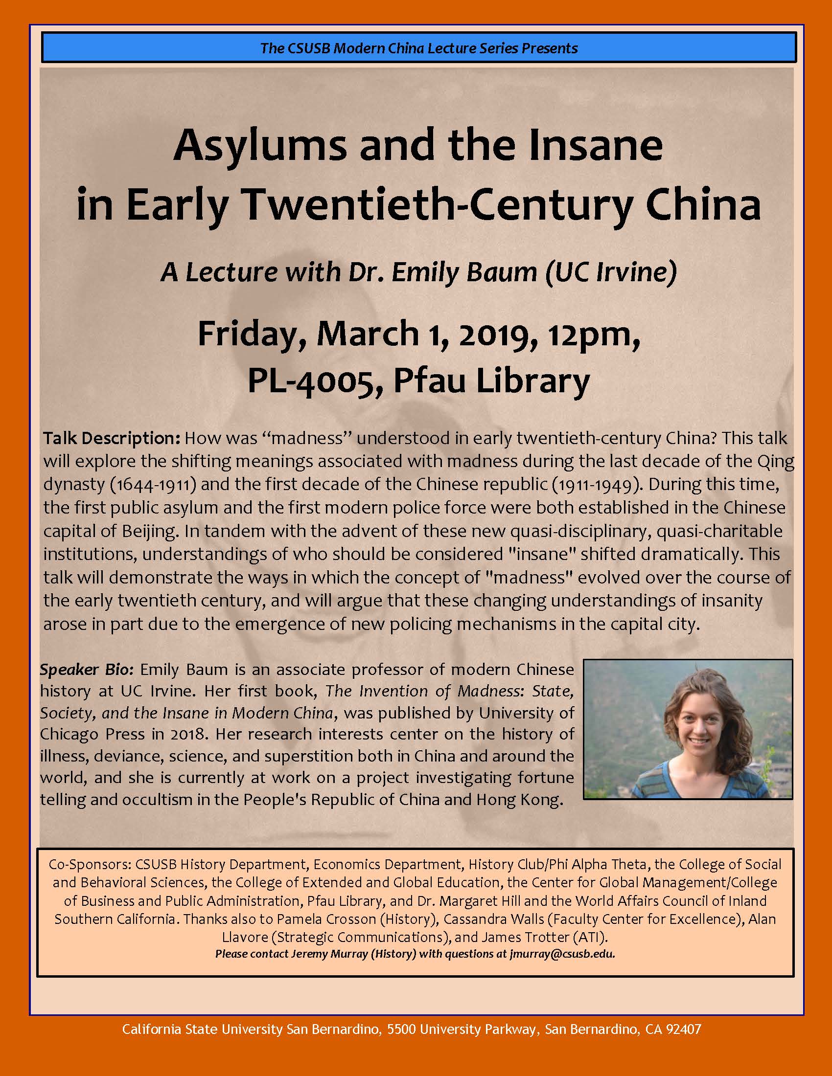 Modern China Lecture Series resumes March 1 with presentation on mental health in early 20th century China