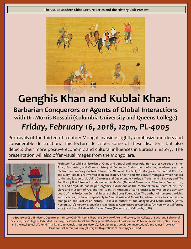 Influences, good and bad, of Genghis Khan and Kublai Khan topic of next Modern China Lecture