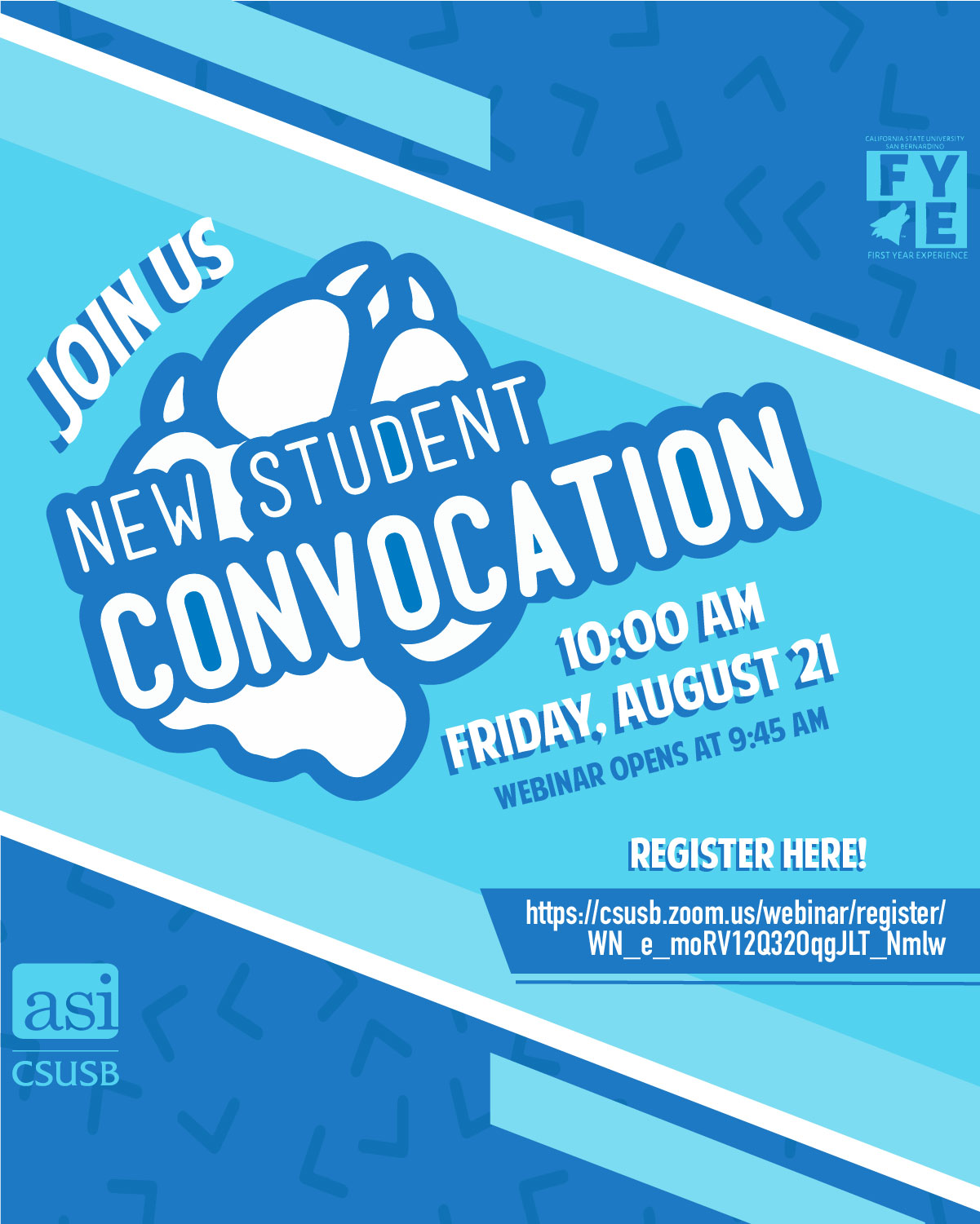 New Student Convocation invitation flyer on blue background