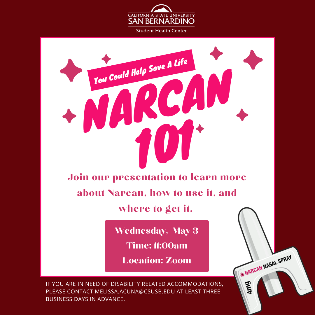 Pick and white background with a picture of Narcan on it