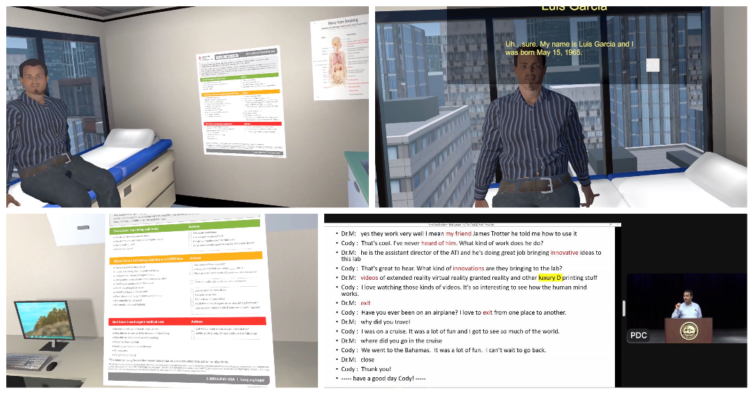 Stills from the VR Nursing Simulation of COPD training.  Bottom left: Dr. Muheidat presents his algorithm at ITS Tech Talks 2022