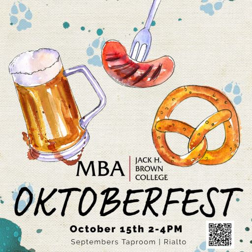 tan background with beer stein, sausage and pretzel. Text displaying CAUSB MBA Oktoberfest, Septembers Rialto October 15, 2022 2-4pm