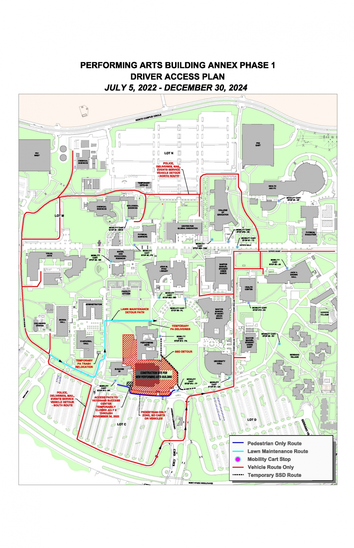 Campus map, phase 1 driver access plan, Performing Arts Building Project