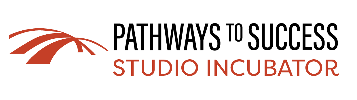 Pathways to Success Studio Incubator sub branding logo. Three arches resembling a bridge or pathways cross over each other. the colors are black and red.